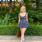 Blue Plaid Sweetheart Neck Bubble Hem Mini Dress