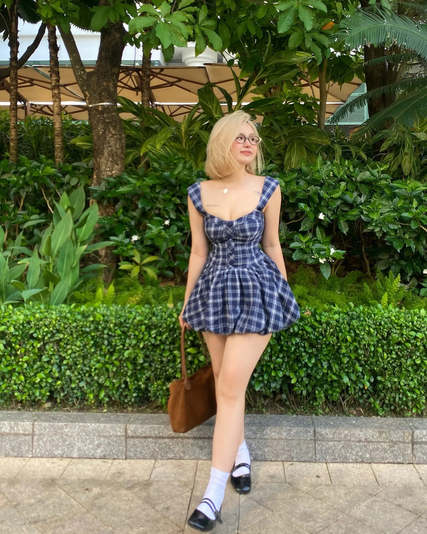 Blue Plaid Sweetheart Neck Bubble Hem Mini Dress