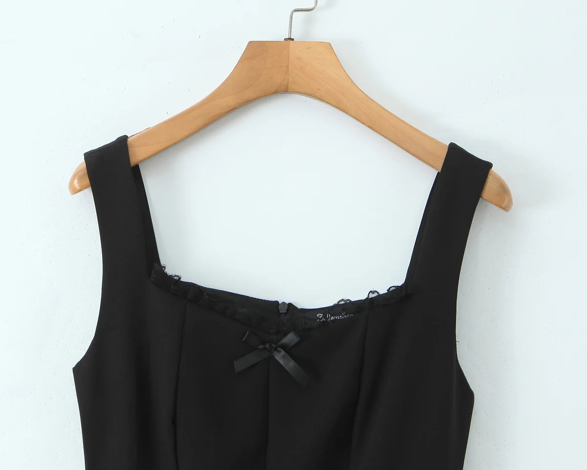 Lace Trim Bow Square Neck Fit-and-Flare Mini Dress