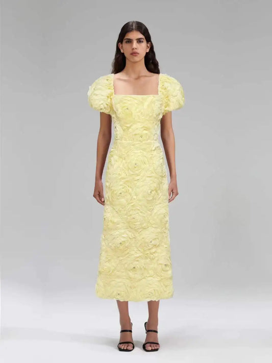 3D Floral Rose Puff Sleeve Square Neck Midi Dress