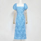 3D Floral Rose Puff Sleeve Square Neck Midi Dress