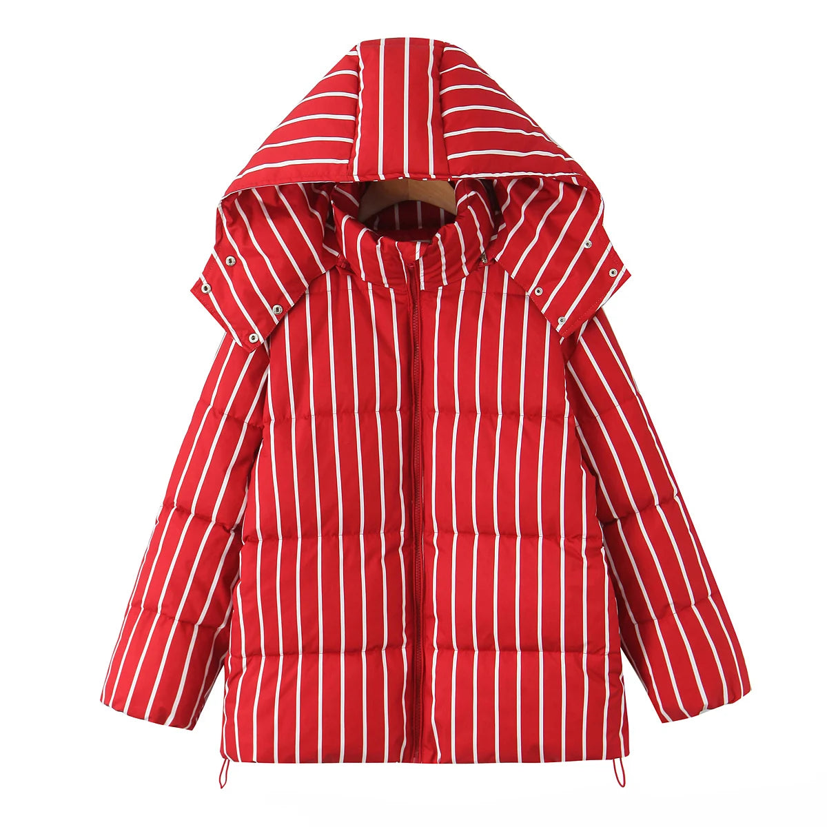 Street Loose Striped Thicken Hooded Cotton Jacket Long Sleeve Zipper Warm Coat