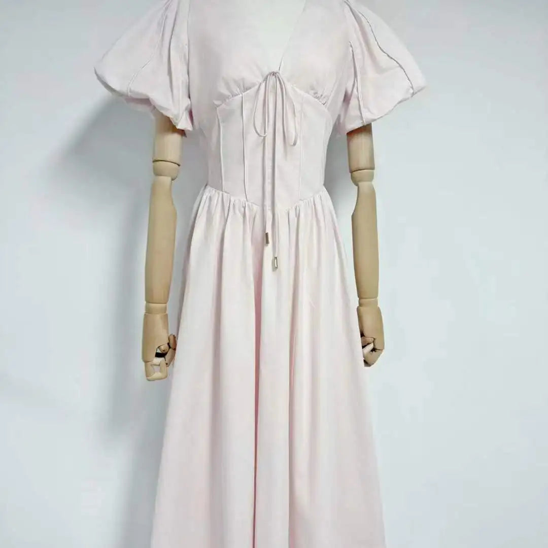 Puff Sleeve Corset V-Neck Midi Dress