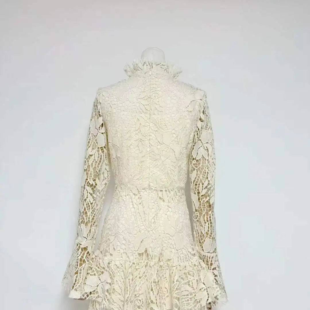 Cream/Pink Lace Tiered Midi Dress | High Neck Long Sleeve Elegant Dress