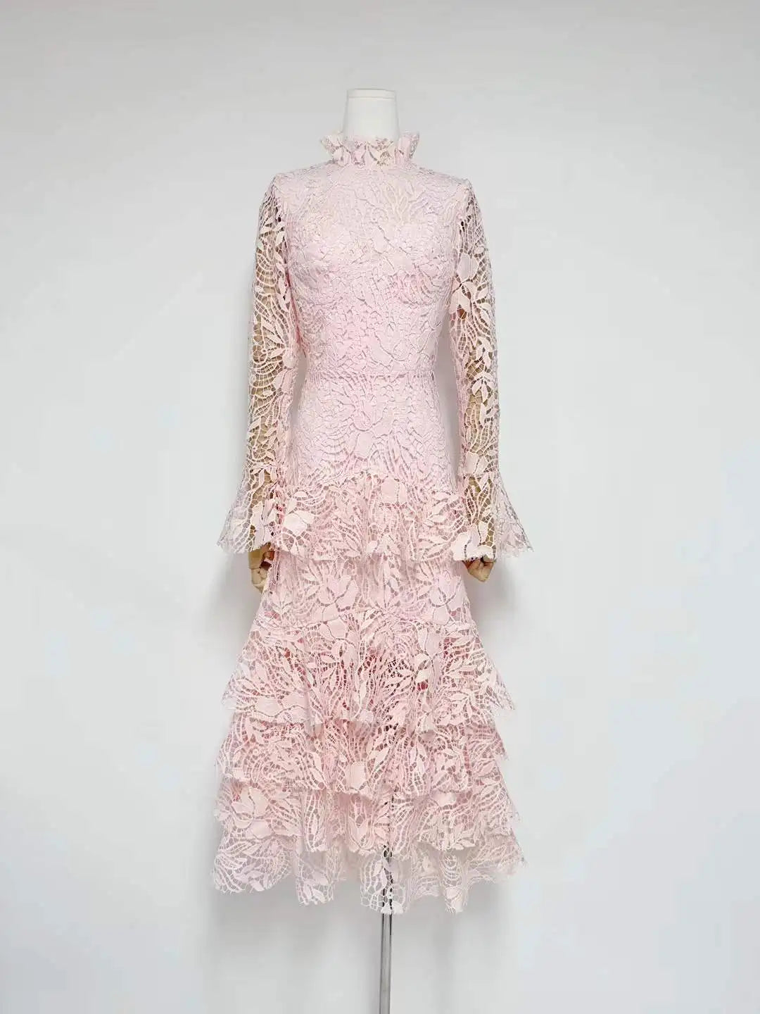 Cream/Pink Lace Tiered Midi Dress | High Neck Long Sleeve Elegant Dress