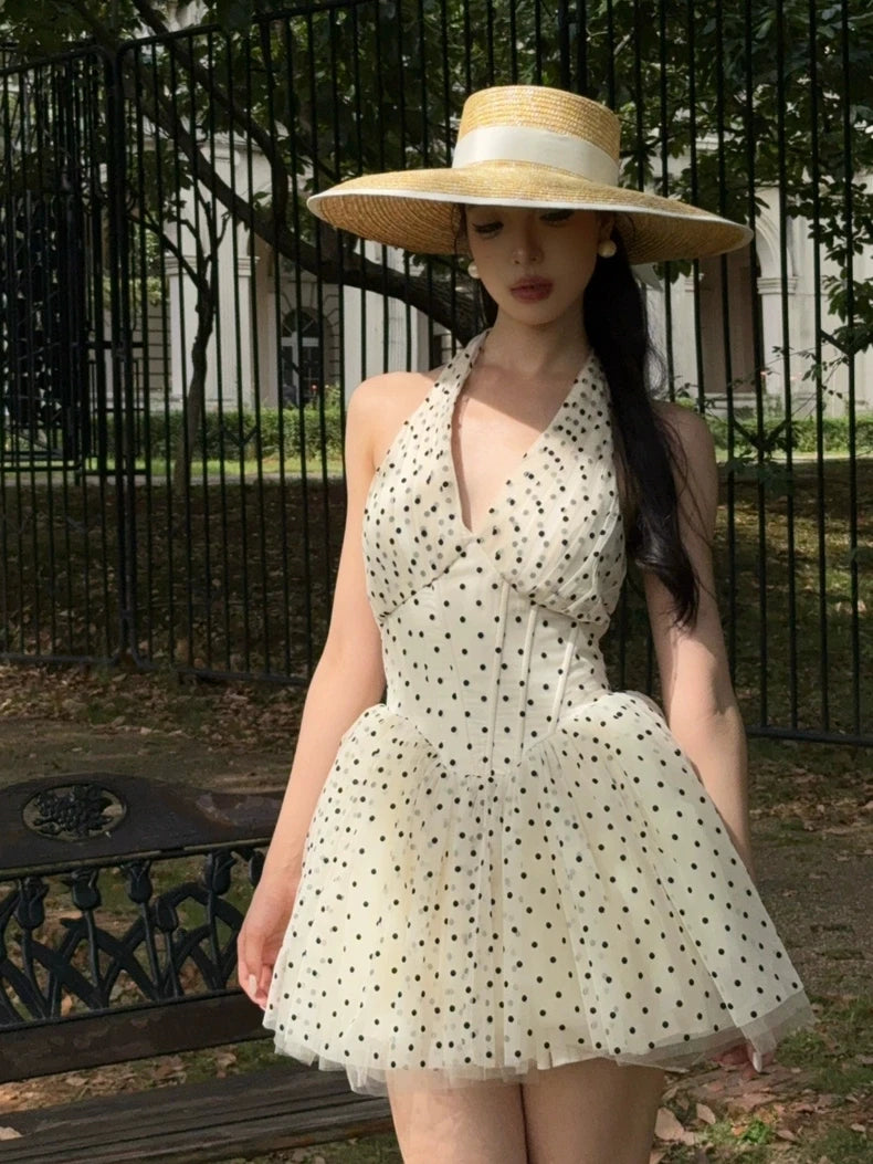 Polka Dot Halter Corset Tulle Mini Dress