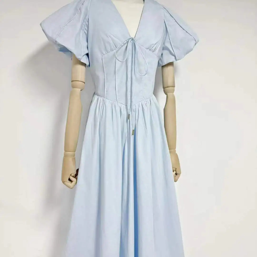 Puff Sleeve Corset V-Neck Midi Dress