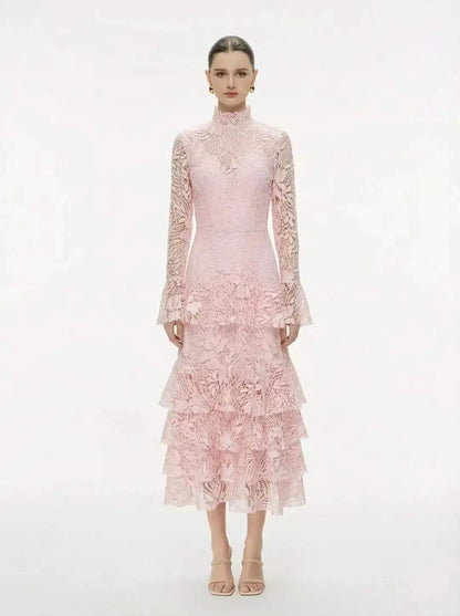 Cream/Pink Lace Tiered Midi Dress | High Neck Long Sleeve Elegant Dress
