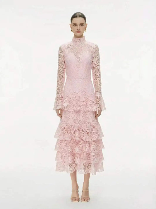 Cream/Pink Lace Tiered Midi Dress | High Neck Long Sleeve Elegant Dress