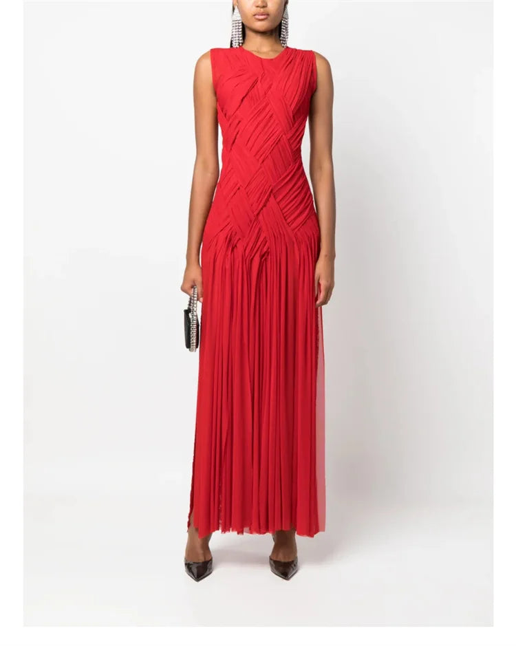 O-neck Sleeveless Knitting Slim Defied Waist Long Dress Knitted Split Holiday Autumn Dress