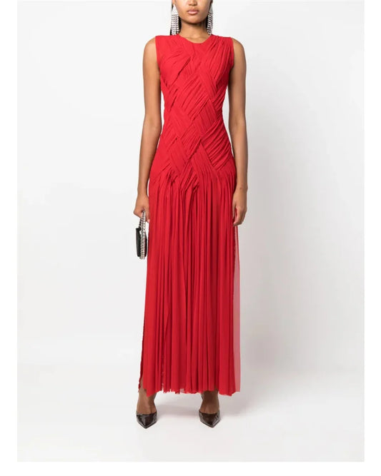 O-neck Sleeveless Knitting Slim Defied Waist Long Dress Knitted Split Holiday Autumn Dress