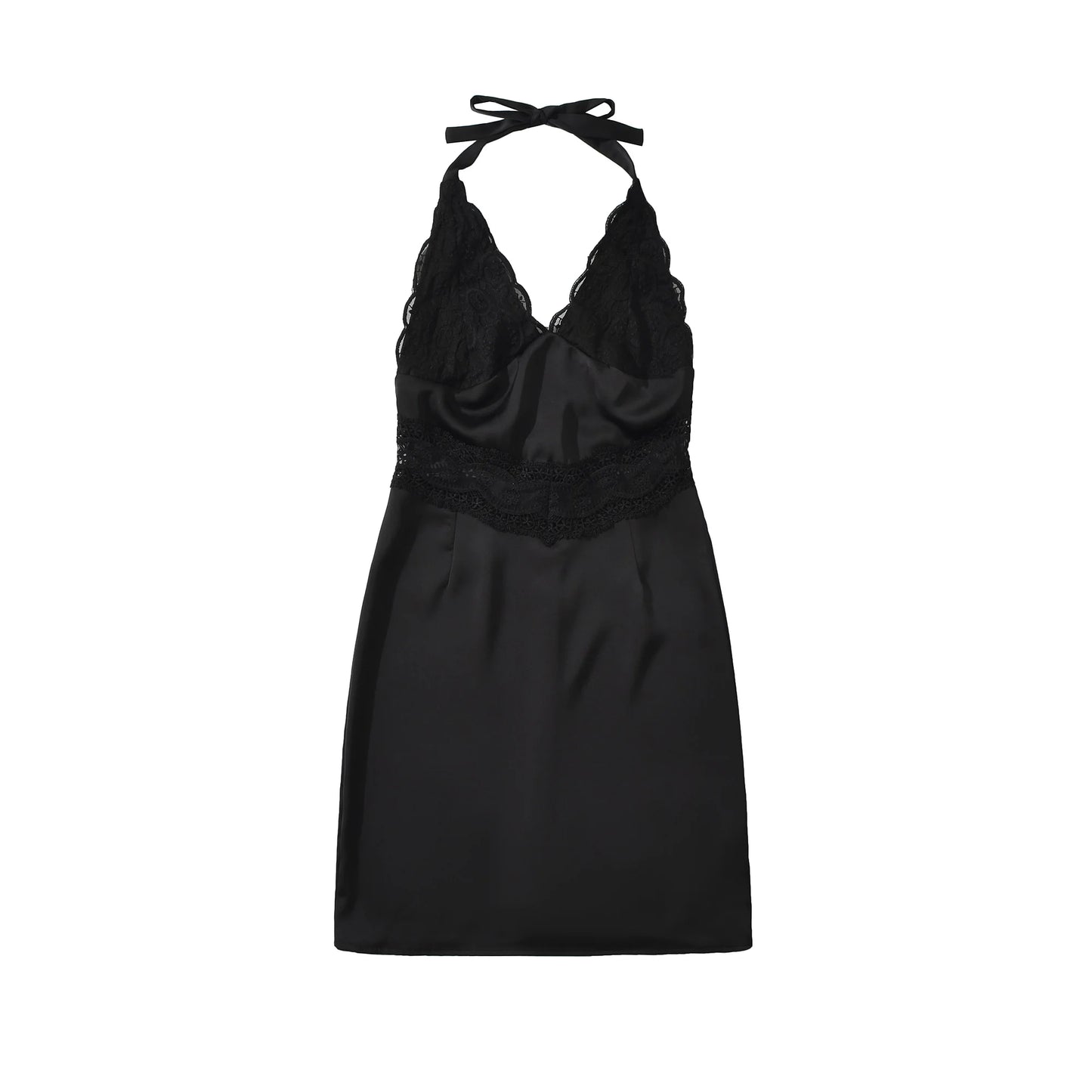 Slim Solid Neck-mounted Lace Sleeveless Patchwork Dress