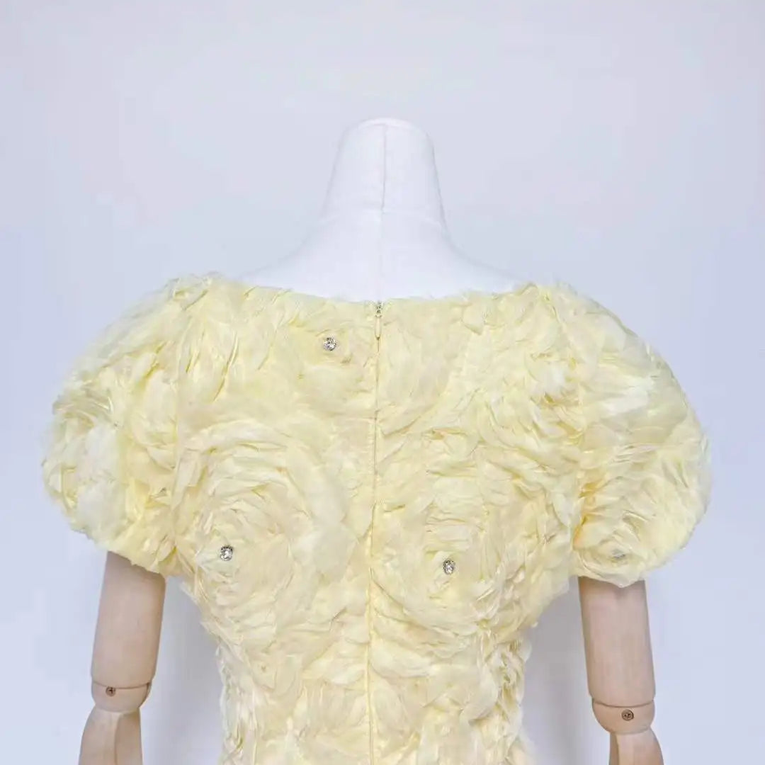 3D Floral Rose Puff Sleeve Square Neck Midi Dress