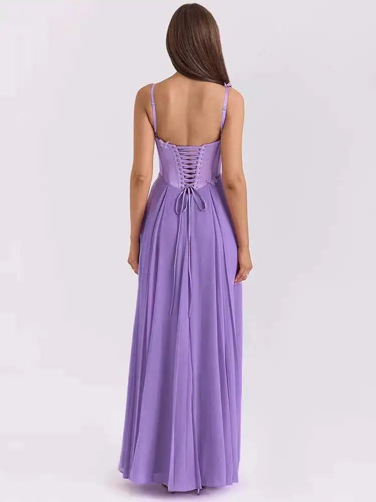 Butterfly Applique Corset Chiffon Maxi Dress