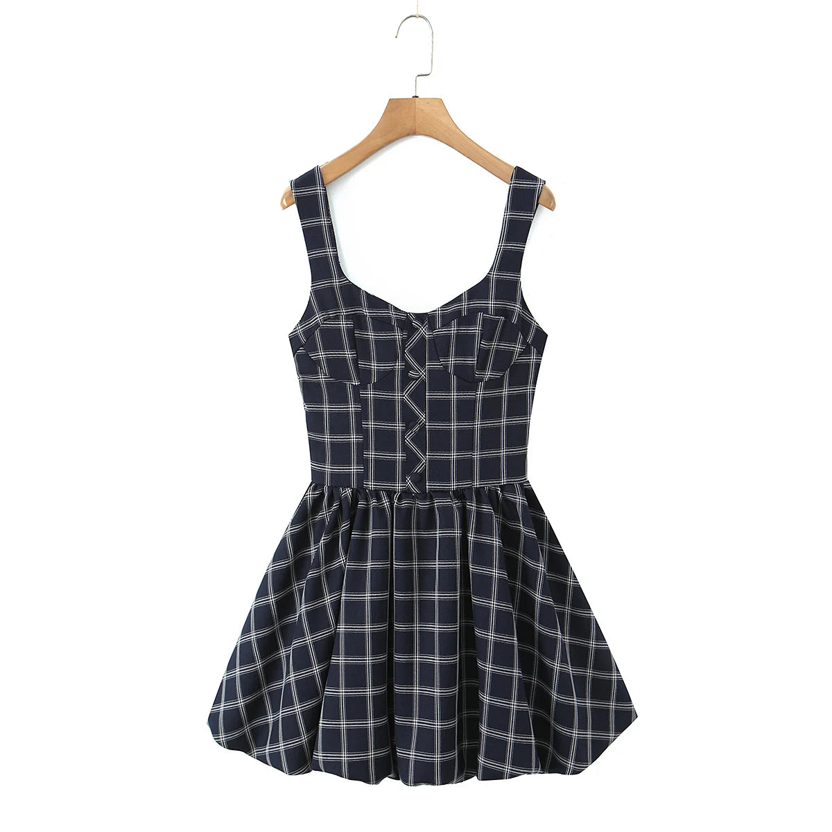 Blue Plaid Sweetheart Neck Bubble Hem Mini Dress