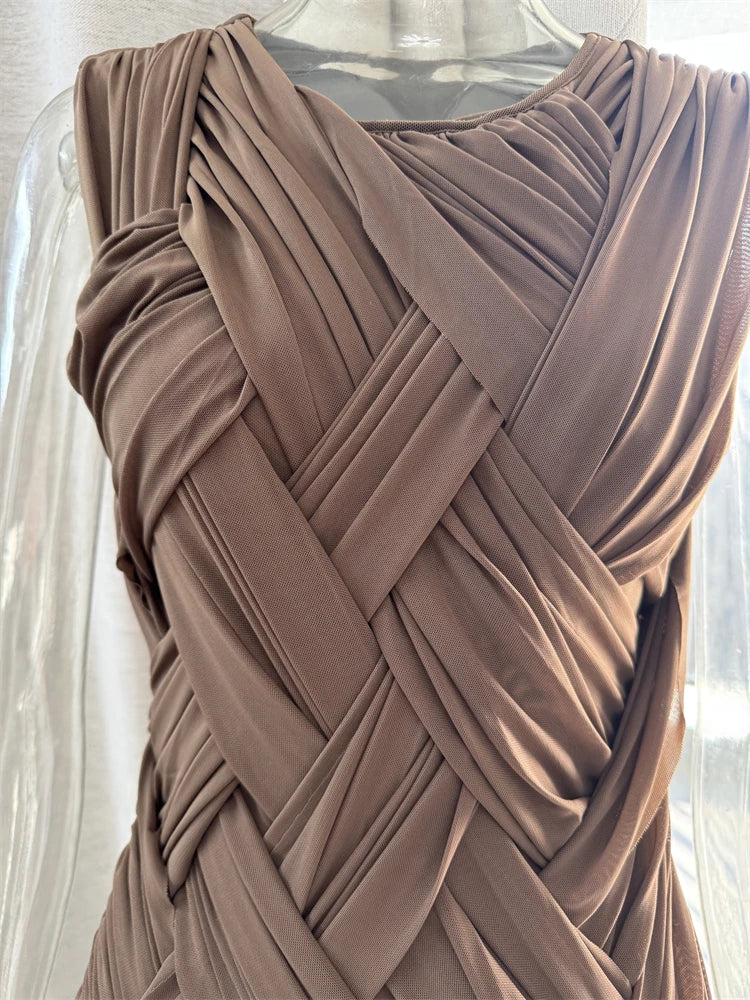 O-neck Sleeveless Knitting Slim Defied Waist Long Dress Knitted Split Holiday Autumn Dress