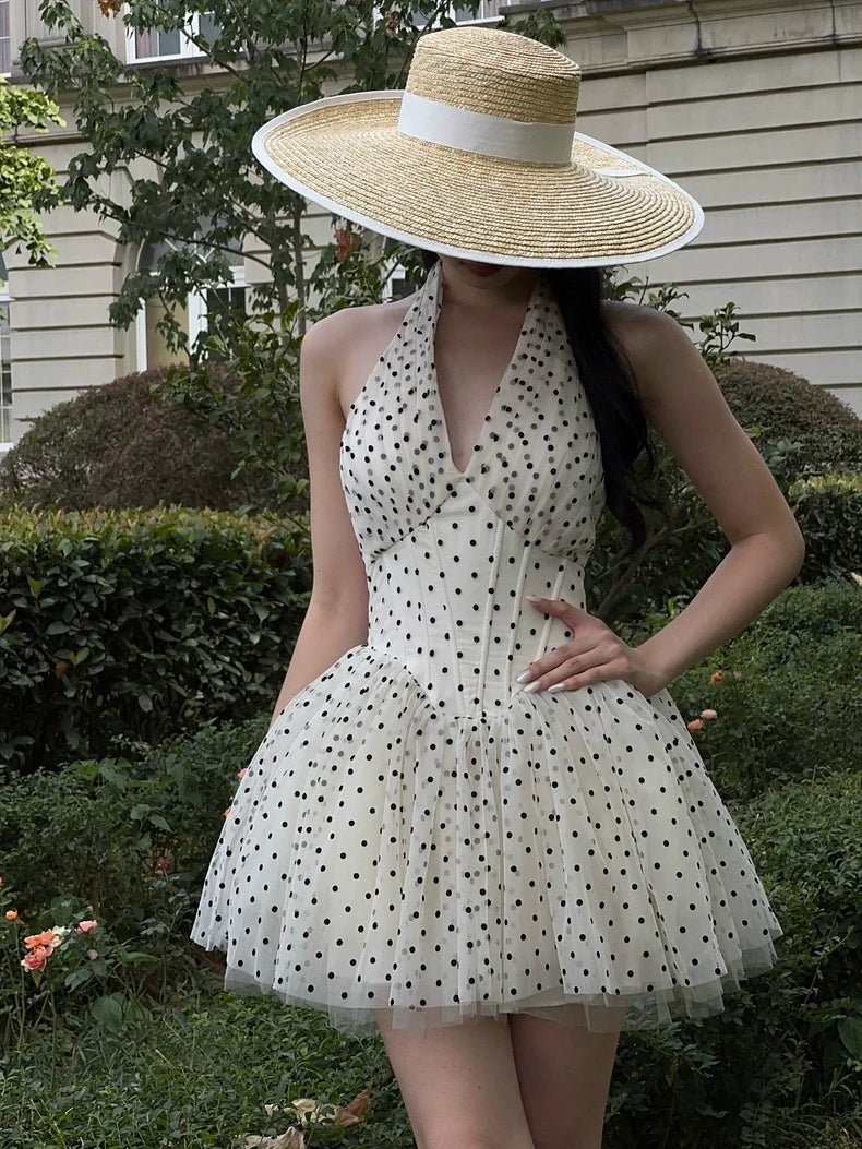 Polka Dot Halter Corset Tulle Mini Dress