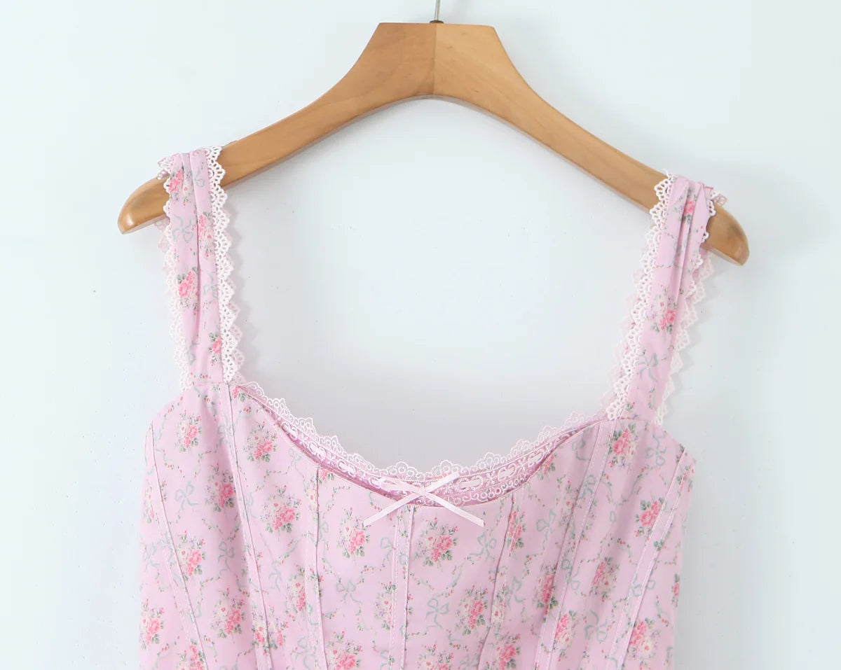 Floral Print Strap Sleeveless High Waist Lace-up Dress