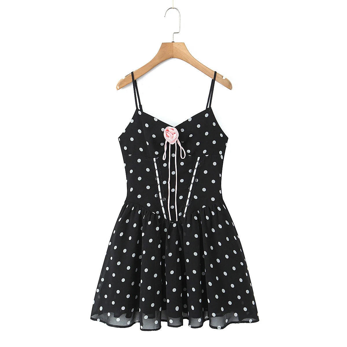 Polka Dot Corset Mini Dress with Pink Rose Applique