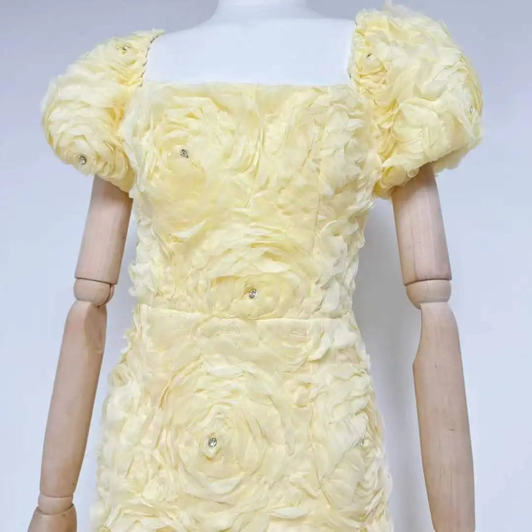 3D Floral Rose Puff Sleeve Square Neck Midi Dress