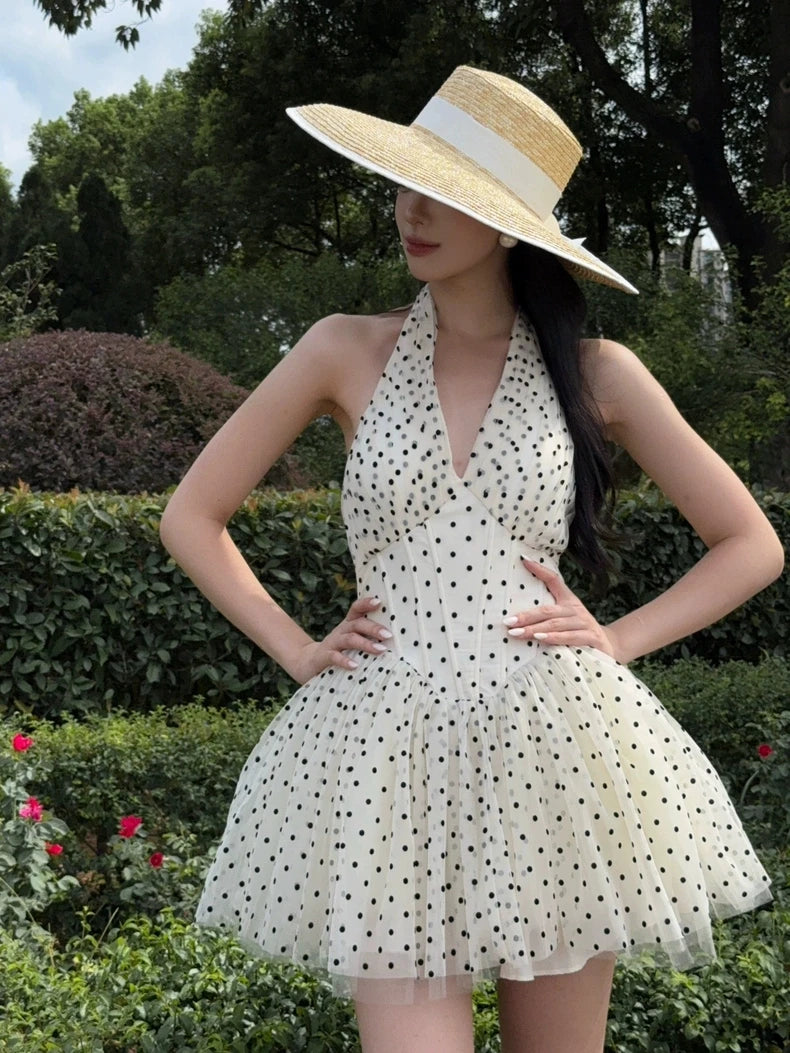 Polka Dot Halter Corset Tulle Mini Dress