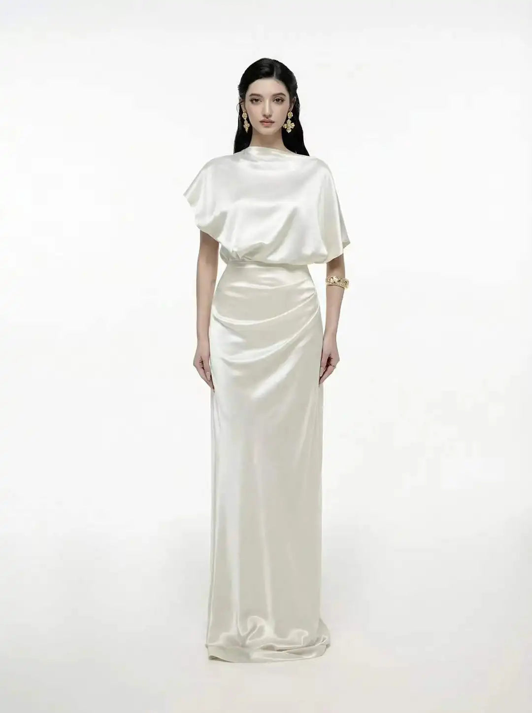 Satin Cowl Neck Ruched Waist Maxi Dress