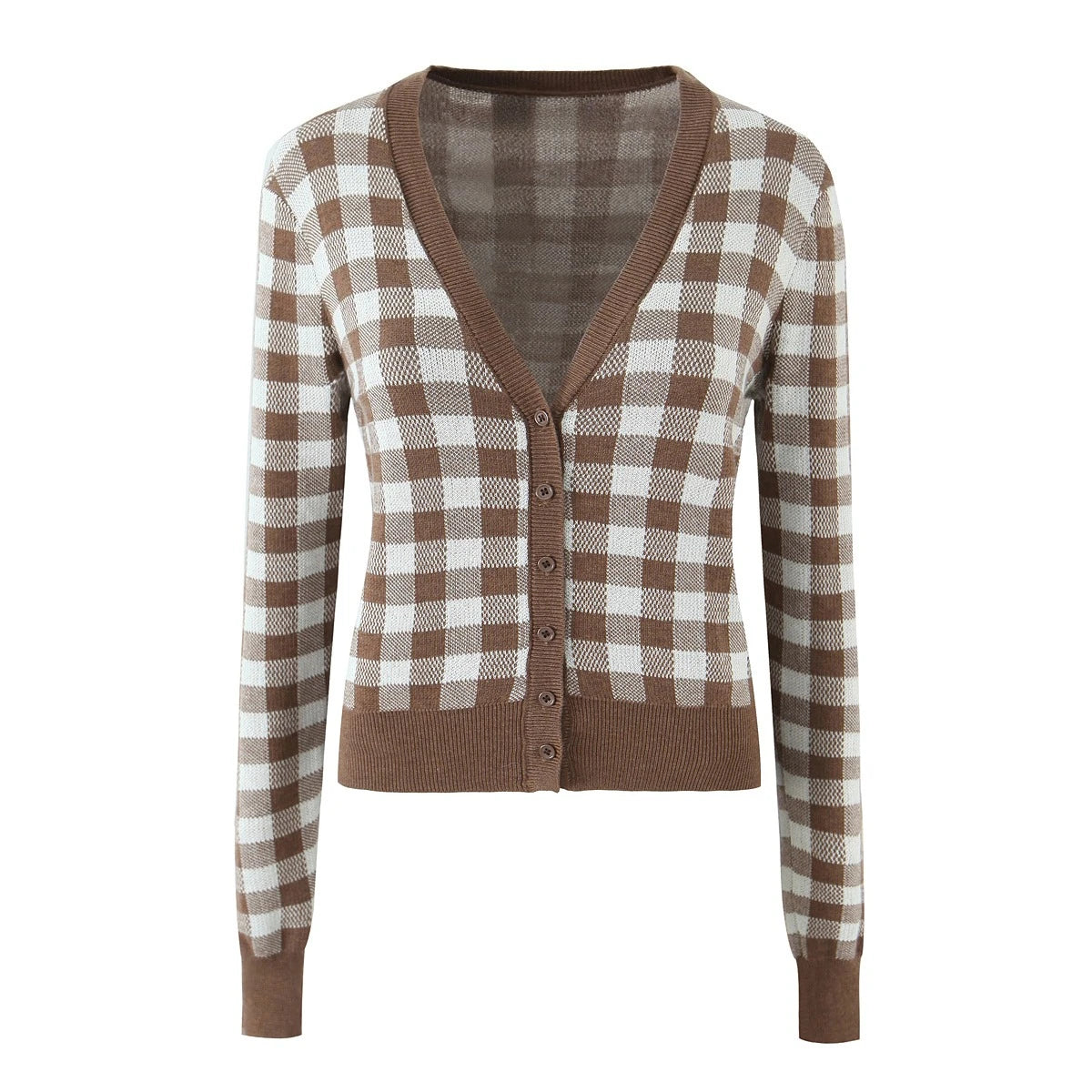 Slim Plaid Knitted V-neck Full Sleeve with Button Cardigan