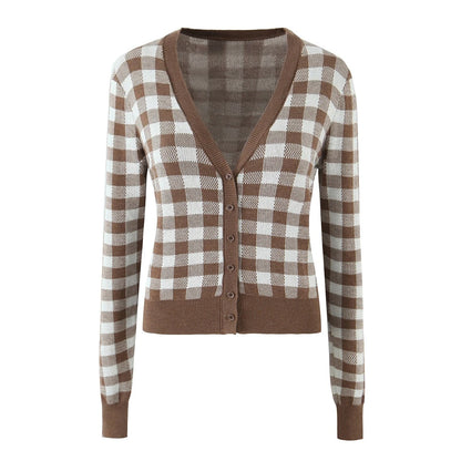 Slim Plaid Knitted V-neck Full Sleeve with Button Cardigan