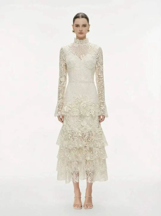 Cream/Pink Lace Tiered Midi Dress | High Neck Long Sleeve Elegant Dress