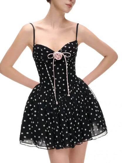 Polka Dot Corset Mini Dress with Pink Rose Applique