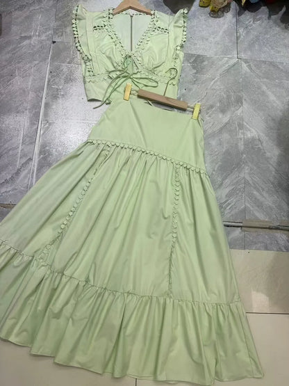 V-neck Top and A-line Loose Skirts Sets