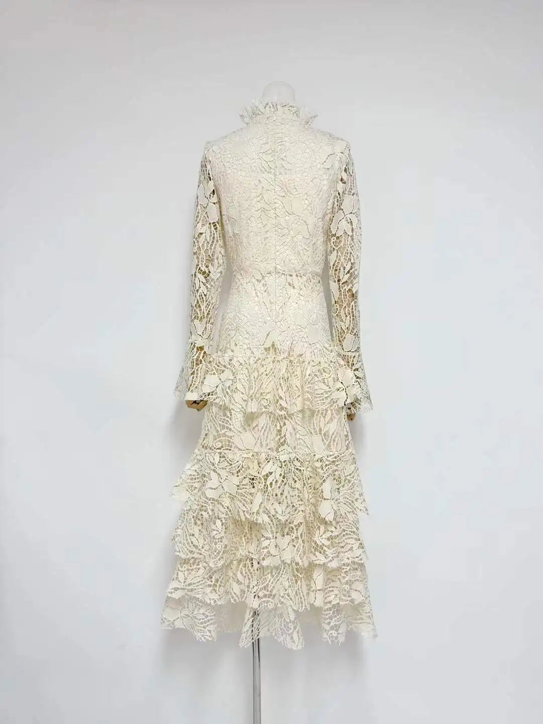 Cream/Pink Lace Tiered Midi Dress | High Neck Long Sleeve Elegant Dress