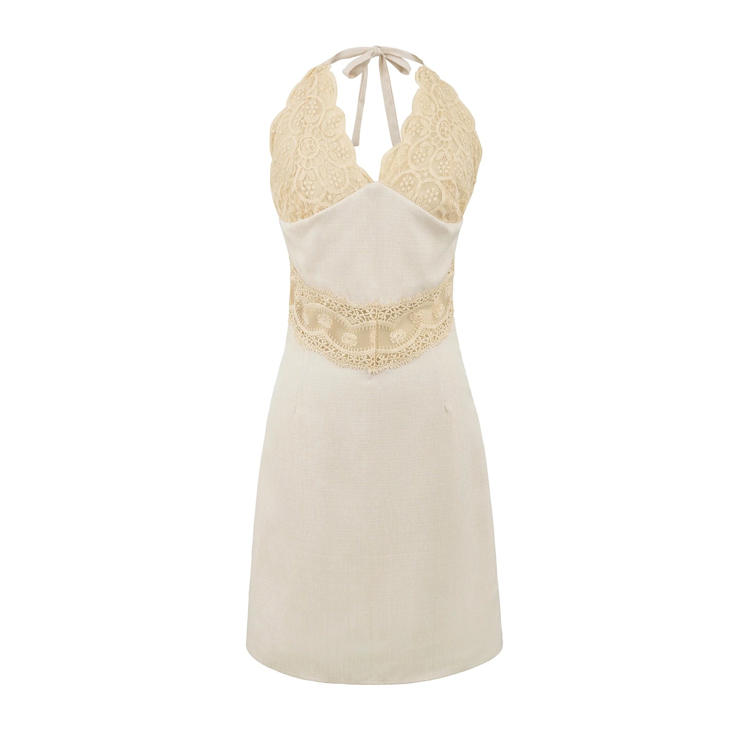 Slim Solid Neck-mounted Lace Sleeveless Patchwork Dress
