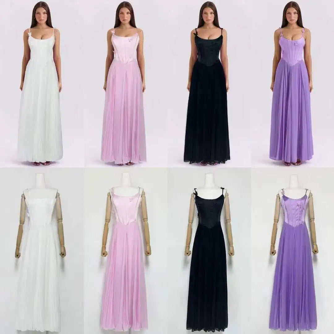 Butterfly Applique Corset Chiffon Maxi Dress