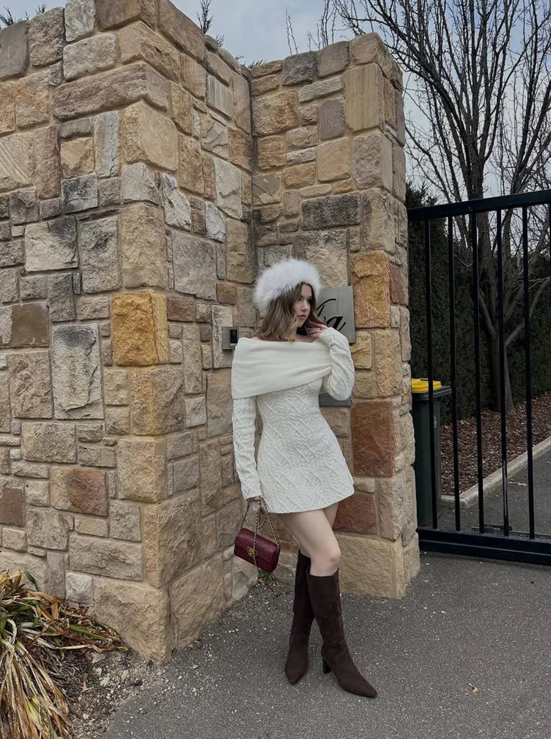 Knitted Solid Full Sleeve Striped Slash Neck Mini Dress