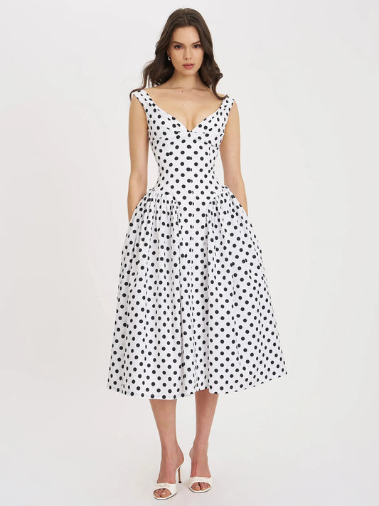 White Polka Dot Sweetheart Midi Dress, Retro Sleeveless Fit-and-Flare Dress for Women