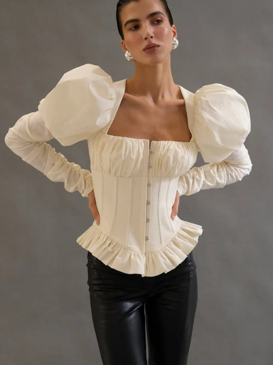 White Puff Sleeve Corset Crop Top, Backless Lace-Up Ruffle Blouse for Women
