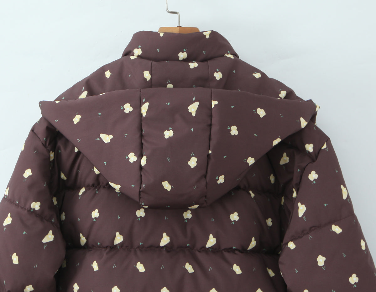 Hooded Flower Printed Women's Cotton Coat