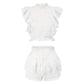 Sexy Hollow Out Lace Suits Ruffles Two Piece Set-White