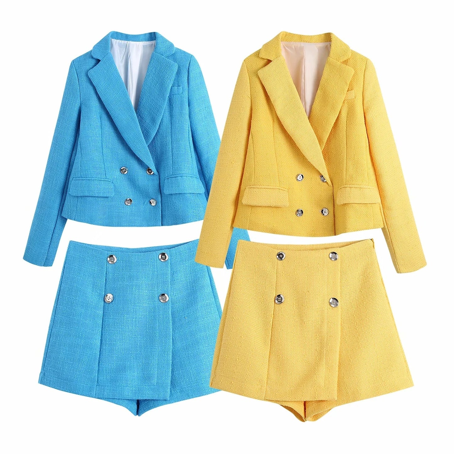 Double-breasted Casual Loose Long-sleeved Blazer Coat and Shorts Women Sets