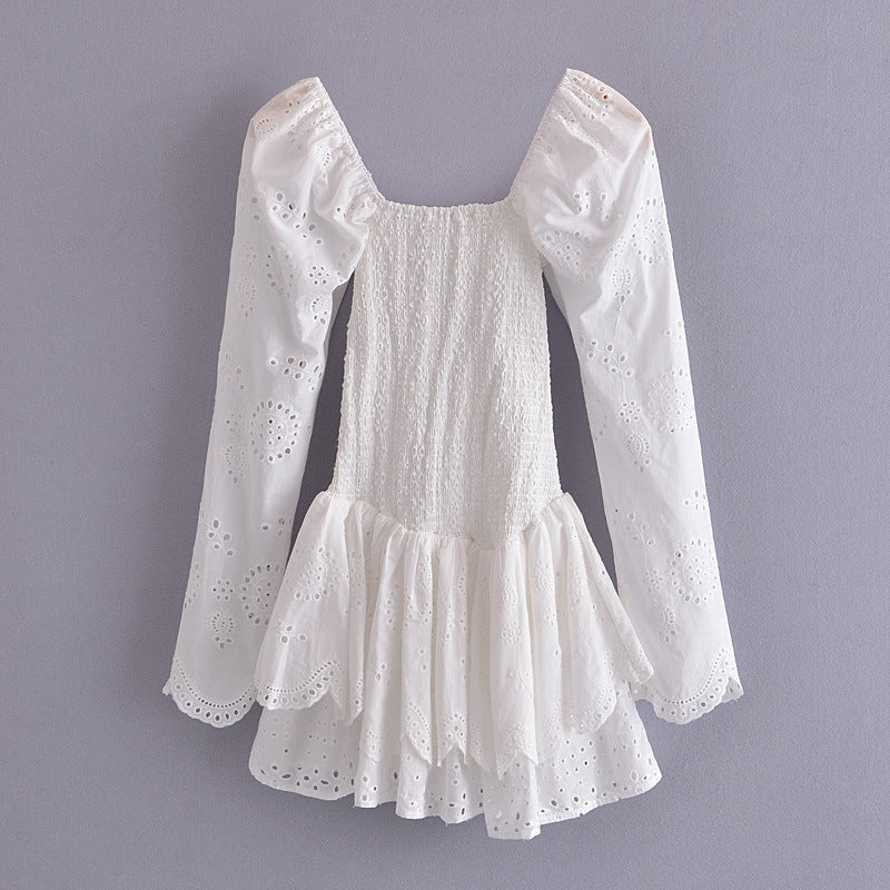 Sexy Long Sleeve Elegant Embroidery Cotton Smocked Bodice Woman Mini Dress
