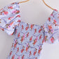 Print Bodice Blue Floral Asymmetrical Puff Sleeve Mini Dress