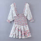 Square Neck Smocked Mixed Floral Prints Ruffled Women Holiday Dress