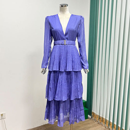 V-neck Long Sleeve Ruffled Elegant Dress