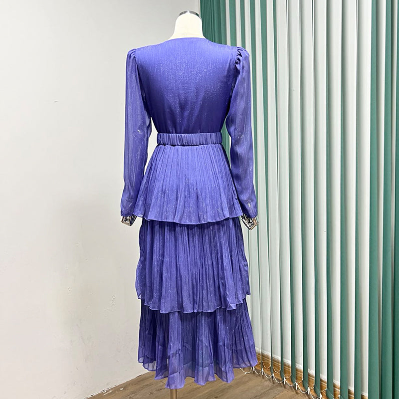 V-neck Long Sleeve Ruffled Elegant Dress