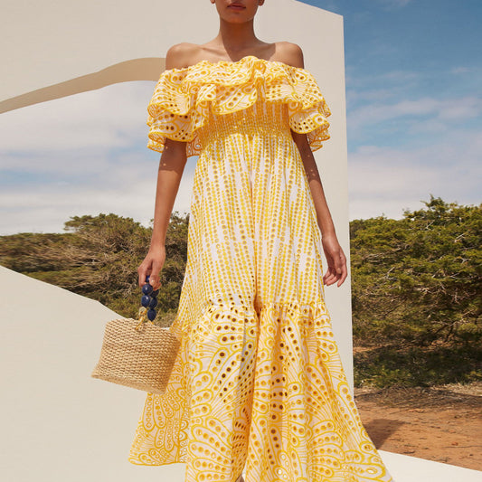 High Waist Hollow Out Ruffled Short Sleeve Long Dress