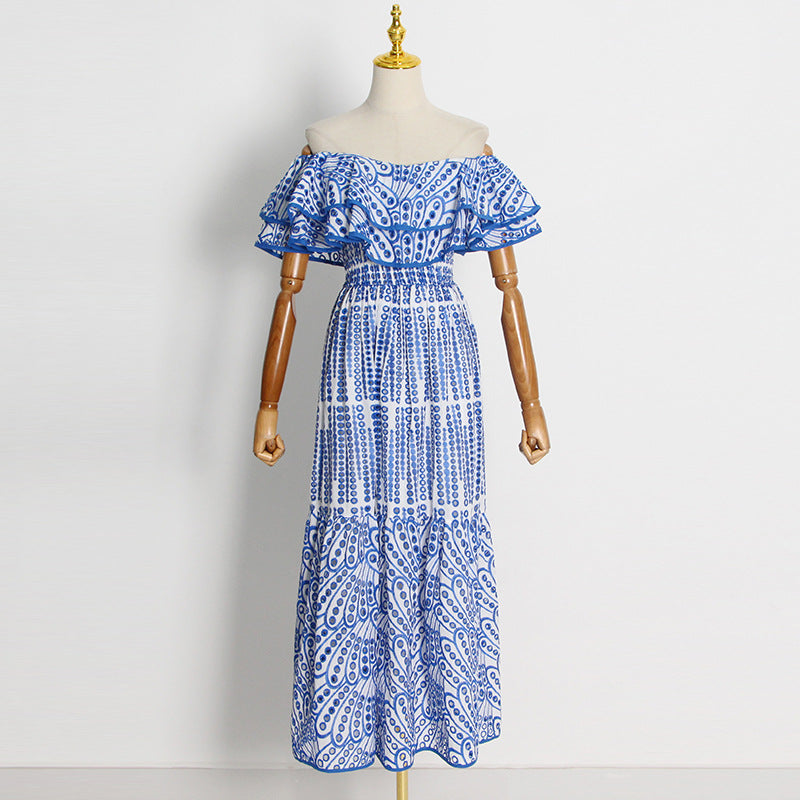 High Waist Hollow Out Ruffled Short Sleeve Long Dress