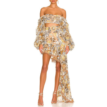 Long Sleeve Short Tops and Patchwork Asymmetric Skirts Hollow Out 2 Piece Sets