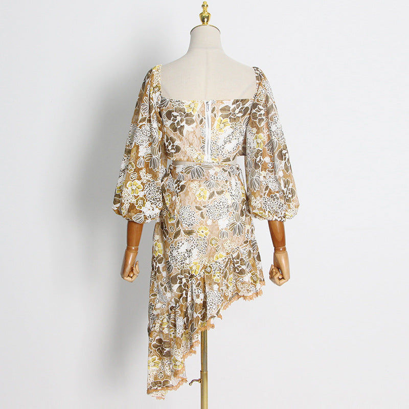 Long Sleeve Short Tops and Patchwork Asymmetric Skirts Hollow Out 2 Piece Sets