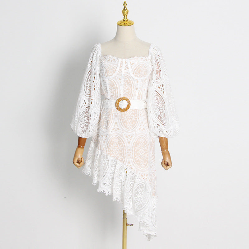 Long Sleeve Short Tops and Patchwork Asymmetric Skirts Hollow Out 2 Piece Sets